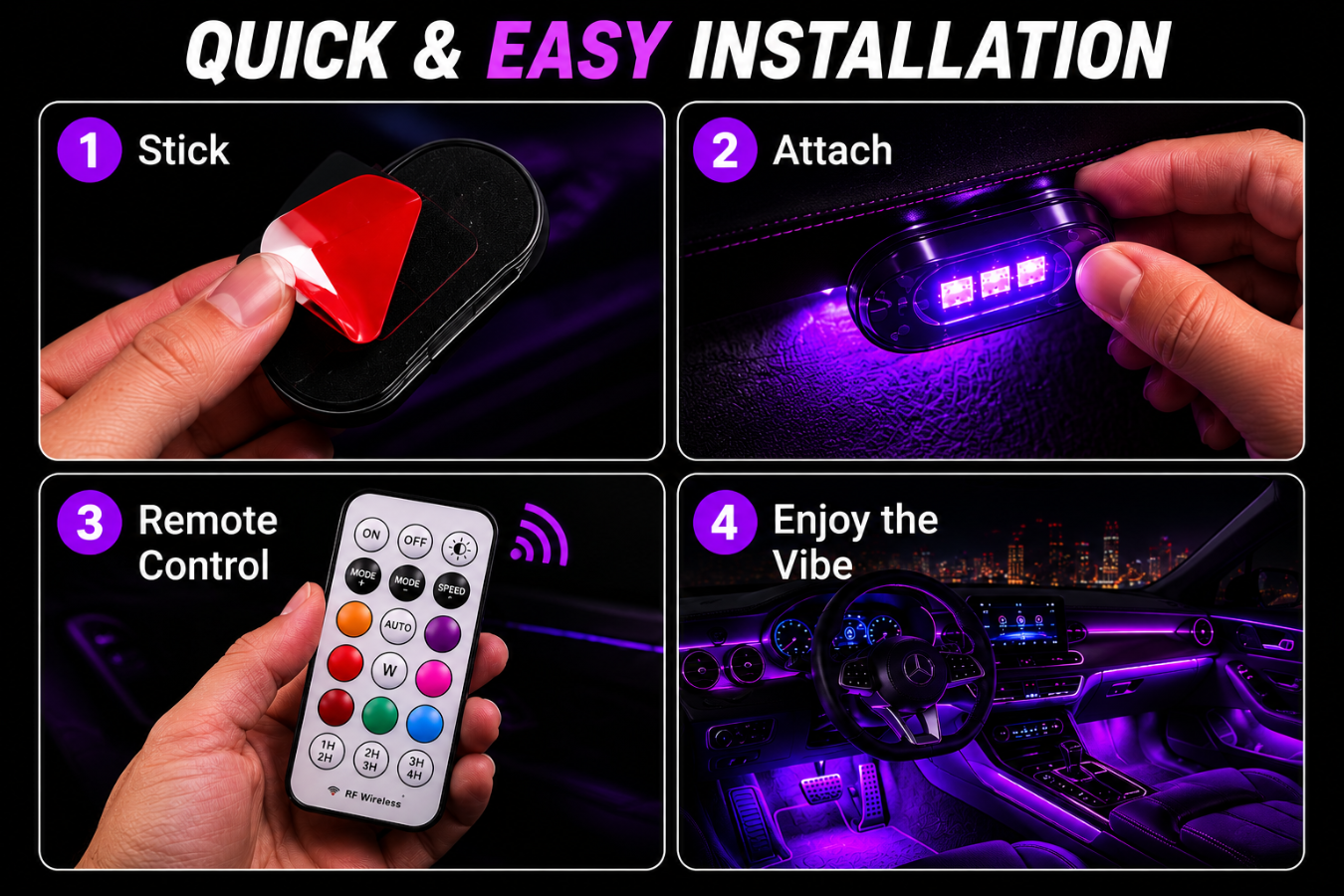 Four-step installation of Midnight Auto RGB lights: stick adhesive pad, attach light, control with wireless remote, enjoy the glow