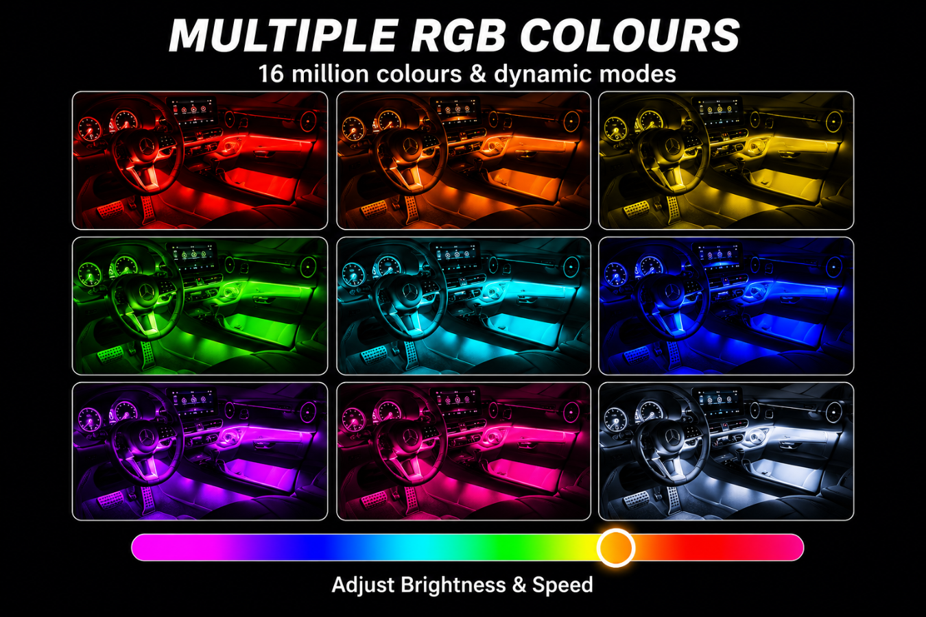 Car interior shown in nine RGB lighting colours including red, green, blue, purple and pink – Midnight Auto colour modes