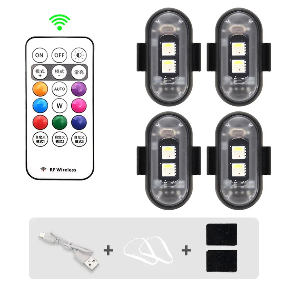 Kit contents: four RGB LED pucks, wireless remote, USB charging cable and adhesive pads