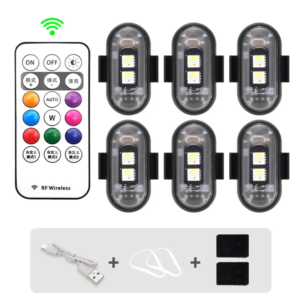 Full Glow Kit contents: six RGB LED pucks, wireless remote, USB charging cable and adhesive pads